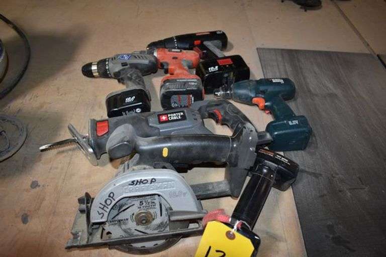 (7) ASSORTED CORDLESS TOOLS, (3) BATTERIES *NO CHARGER*