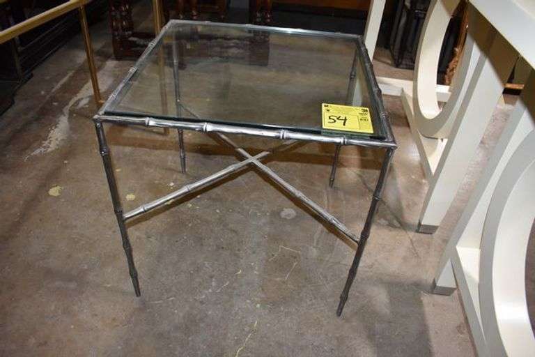 GLASS-TOPPED CONSOLE TABLE WITH METAL FRAME - APPROX. 24" X 24" X 24'