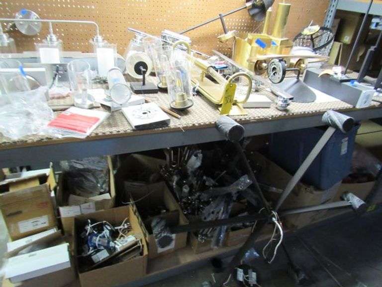 LARGE MISC. LOT OF LIGHTING PARTS, TOOLS, OPEN BOXES, ASSORTED PULL CHAINS, WIRING, ETC.