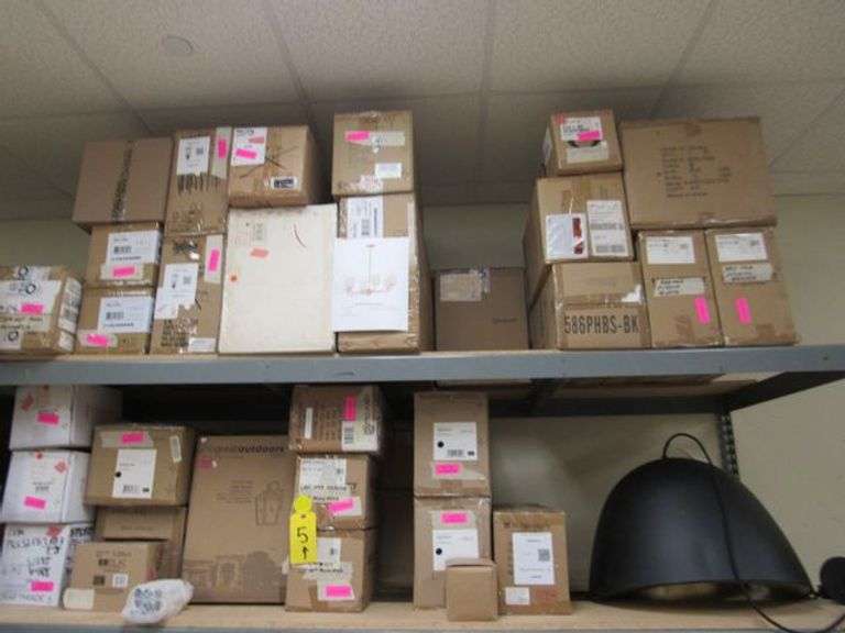LARGE MIXED LOT OF (2) SHELVES OF ASSORTED LIGHT FIXTURES, APPROX. (50) ITEMS, 4-LIGHT VANITIES, 3-LIGHT VANITIES, OUTDOOR WALL LIGHTS, LIGHT PENDANTS, CHANDELIERS, SINGLE LIGHT MOUNTS, L SHADES, ETC.