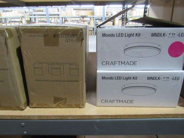 LOT OF APPROX. (62) BOXES, CRAFTMADE: 455-FG, 505-G4, 560-G4, Z200-AG CAST ALUMINUM PIER BASE, X6207-BNK-LED FLUSH MOUNT CEILING FIXTURE CRAFTMADE CAGED LED LIGHT KIT #LK2801-FB-LED, MONDO LED LIGHT KIT, RIVIERA III MED OUTDOOR LANTERN, CRAFTMADE 3-LIGHT VANITY BAR, CLEAR GLOBES, PORTER LIGHTING 1337 BLUE LAKE KATE CASSIDY, CRAFTMADE BUDGET WHITE FROST LED LIGHT KIT