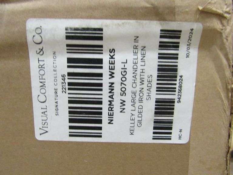 VISUAL COMFORT KELLEY LARGE CHANDELIER IN GILDED IRON W/LINEN SHADE #NW5070GI-L