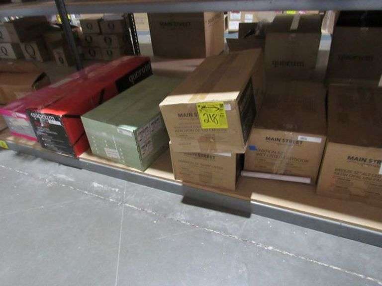 LOT OF (7) BOXES OF (1) OXYGEN 60" AGED BRASS DAMP FAN W/(4) BLADES ABS BLADES, (1) QUORUM 80" MATTE BRASS DAMP LISTED FAN W/(5) WHITE ABS BLADES, (1) QUORUM 52" STUDIO CEILING FAN W/(5) WHITE BLADES, (2) MAIN STREET 52" MATTE BLACK FANS W/(3) MATTE BLACK ABS BLADES, (1) 52" WET LISTED MATTE BLACK FAN W/(5) MATTE BACK ABS BLADES, (1) MAIN STREET 52"CEILING FAN W/(5) STUDIO WHITE BLADES AND 4-LIGHT SATIN OPAL LIGHT KIT