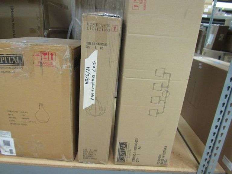 LOT OF APPROX. (8) BOXES OF ASSORTED LIGHTING PRODUCTS, 4-LIGHT WALL/BATH #119341AD-674, (4) LIGHT PENDANTS, (2) LANTERNS & (1) GLASS GLOBE