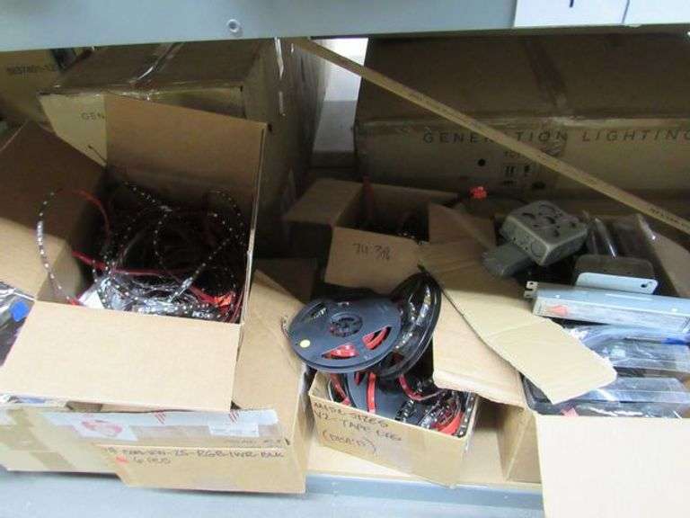 CONTENTS OF SHELF, ASSORTED DIMMABLE LED DRIVERS, BULBS, HARDWARE, LED STRIP BULBS, ETC.