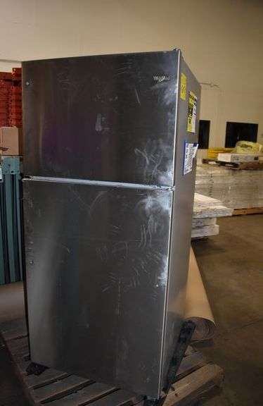 WHIRLPOOL 18-CF FRIDGE MDL WRT318FZDM09 STAINLESS FRONT *DAMAGED-MISSING BOTH HANDLES* 110-V