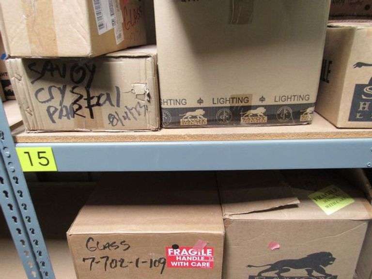 LOT OF APPROX. (28) BOXES SAVOY HOUSE, NUSC 8-4090-3-322 GLASS, 1-9060-6-95 GLASS, G123 GLASS SAVOY CRYSTAL PARTS, 7-702-1-109 GLASS, 1917626050 GLASS, 9-104-1-SN GLASS, 8-1080-4-SN VANITY, 1-860-4-BK GLASS