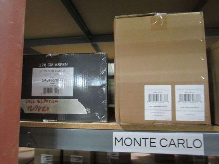 LOT OF (5) BOXES, (1) MONTE CARLO FAN COLLECTION, FINITION 5ASPR70BS, (2) VISUAL COMFORT FAN COLLECTION 60" MAVERICK 3MAVSM60BBSWWOD, (1) GENERATION LIGHTING 52" LOWDEN LED 5BIDMBK 5LWDR52MBKD, (1) MONTE CARLO 132 CM LOWDEN 5LWWDR52MBKE, (1) MONTE CARLO 60" ADLER 3ADR60BBS