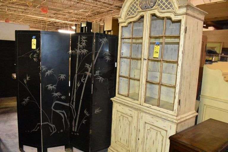LOT, (1) WOOD CURIO CABINET - APPROX. 43" X 19" X 96" AND (1) PRIVACY SCREEN AS SHOWN - APPROX. 64" X 73"