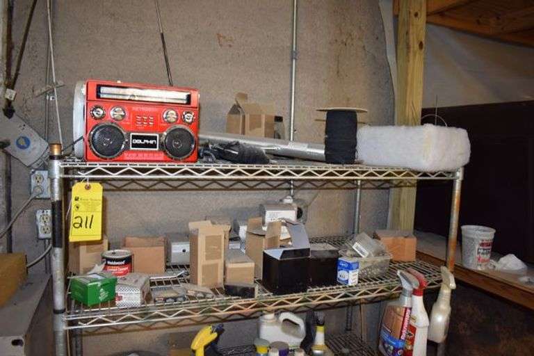 PORTABLE WIRE RACK WITH ASSORTED CONTENTS INCLUDING HARDWARE, CLEANERS AND MORE AS SHOWN