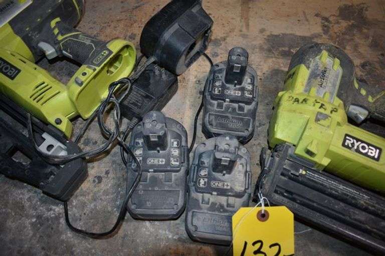 (2) RYOBI AIRSTRIKE FASTENERS, (3) BATTERIES AND (1) CHARGER