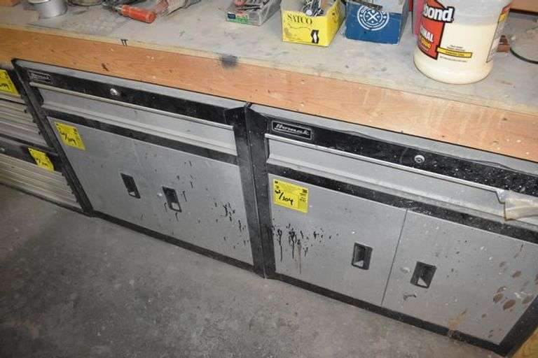 LOT, (1) WOOD WORK BENCH SOLD EMPTY - APPROX. 144" X 18" X 36", (2) HOMAK TOOL CABINETS WITH CONTENTS AND (2) HOMAK TOOL BOXES WITH CONTENTS