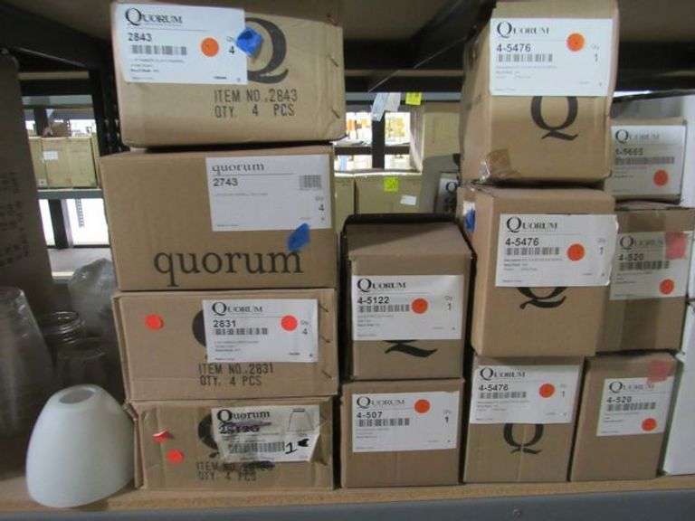 LOT OF (3) SHELVES, QUORUM 1902-86 WINDMILL CIR/SEED KIT-OB, ASSORTED DOWN RODS, ASSORTED CHAIN, QUORUM 1374-806 42"/30" LED PATIO LK WHITE, 4-5665 SQUARE GLS 5365 & 5665, QUORUM 4-5476 RPL GLASS MODUS SERIES, QUORUM 2.25" AMBER SCAVO BARREL, ASSORTED GLOBES, QUORUM 8" PLAIN WHITE MUSHROOM GLASS, FLUSH MAINT CHIME GRILL-TS, QUORUM 4LT CFL LK HOW-AS, MAIN STREET 3059-65 SATIN NICKEL ENCLAVE 1LT MINI STN, QUORUM 4-529 RPL, 4X6 GLS EMPIRE SER CLEAR FLUTED GLASS, ETC.