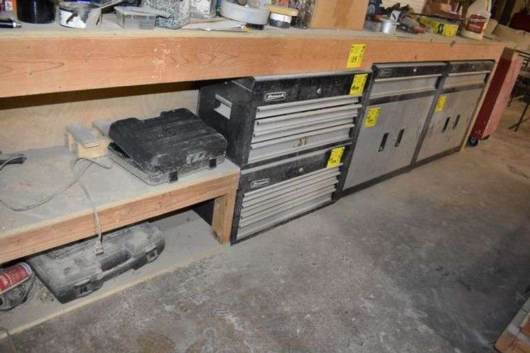 LOT, (1) WOOD WORK BENCH SOLD EMPTY - APPROX. 144" X 18" X 36", (2) HOMAK TOOL CABINETS WITH CONTENTS AND (2) HOMAK TOOL BOXES WITH CONTENTS