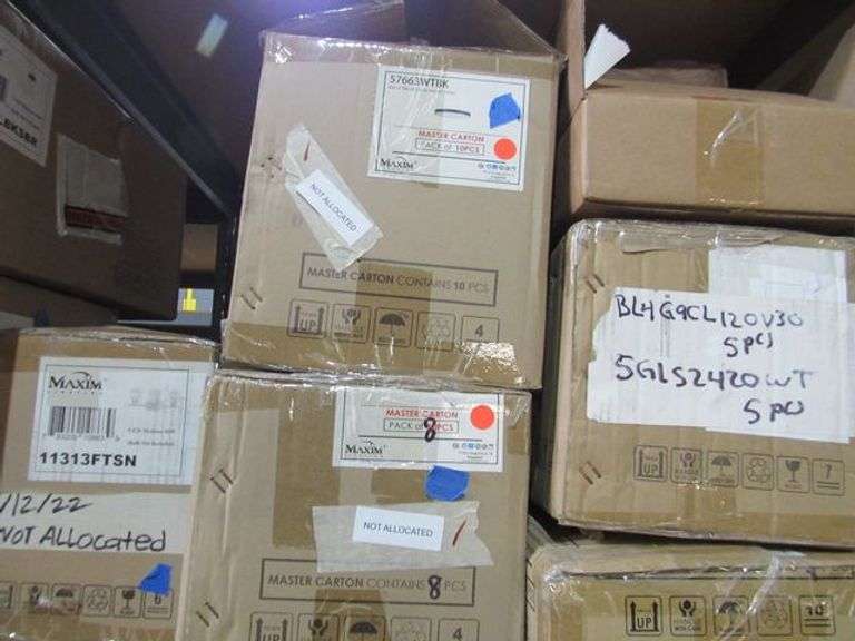 LOT OF APPROX. (13) BOXES MAXIM LIGHTING, 60W VANITY, 9" RD FLUSH MOUNT, GIS11116C1 GLOBES, VANITY GLOBES, ASSORTED DOWN RODS