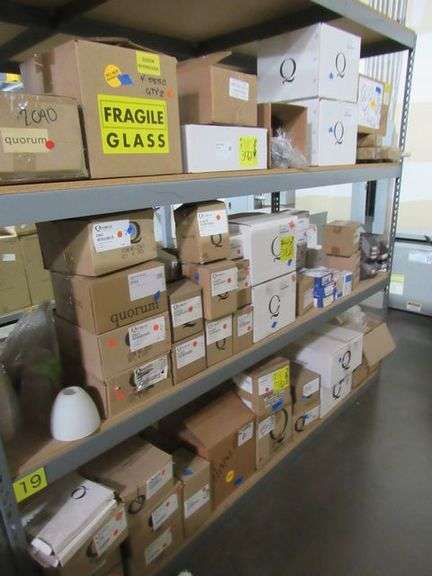 LOT OF (3) SHELVES, QUORUM 1902-86 WINDMILL CIR/SEED KIT-OB, ASSORTED DOWN RODS, ASSORTED CHAIN, QUORUM 1374-806 42"/30" LED PATIO LK WHITE, 4-5665 SQUARE GLS 5365 & 5665, QUORUM 4-5476 RPL GLASS MODUS SERIES, QUORUM 2.25" AMBER SCAVO BARREL, ASSORTED GLOBES, QUORUM 8" PLAIN WHITE MUSHROOM GLASS, FLUSH MAINT CHIME GRILL-TS, QUORUM 4LT CFL LK HOW-AS, MAIN STREET 3059-65 SATIN NICKEL ENCLAVE 1LT MINI STN, QUORUM 4-529 RPL, 4X6 GLS EMPIRE SER CLEAR FLUTED GLASS, ETC.
