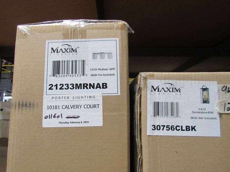 LOT OF APPROX. ( 4) BOXES: MAXIM 3-E26 MEDIUM 60W CEILING MOUNT, 2-E26 MEDIUM 60W CEILING MOUNT, 3-EIZ CANDELABRA 60W, 3-E26 MEDIUM 60W VANITY