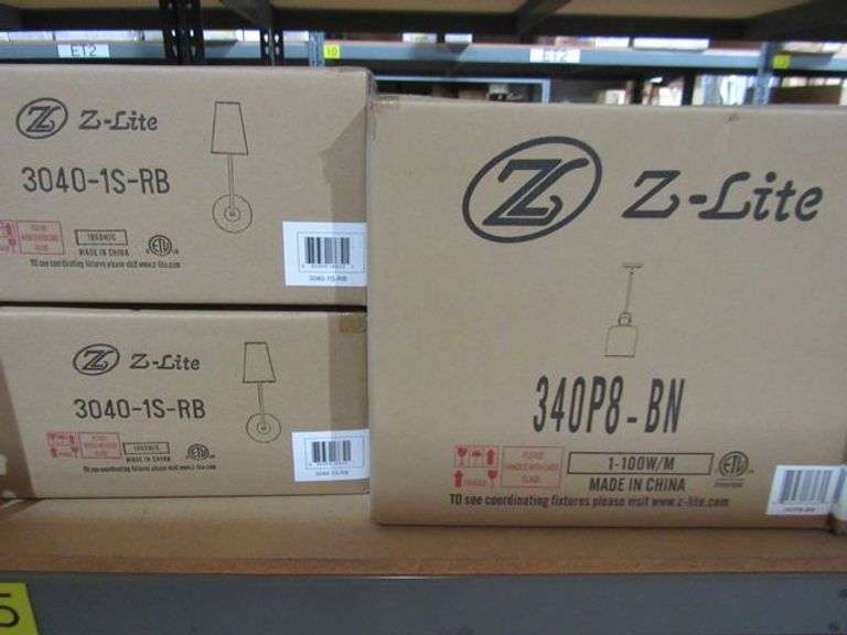 LOT OF APPROX. (7) BOXES Z-LITE LIGHTING, 3786A HEIRLOOM GOLD PENDANTS, 3040-IS-RB WALL MOUNT