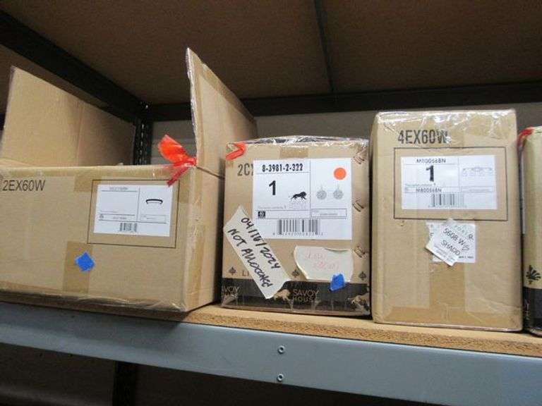 LOT OF (7) BOXES SAVOY HOUSE M10067MBK PENDANT, (1) M80045MBK VANITY, (1) M80055MBK VANITY, (1) 8-1830-3-332 VANITY, (1) M80056BN VANITY, (1) 8-3981-2-322 VANITY, (1) M60019MBK FLUSH MOUNT