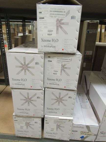 LOT OF (15) MINKA-AIRE ASSORTED CEILING FANS, (7) XTREME H20 65" #F896-65-SI, (3) VEER 56" #F692L-CL, (3) LIGHT WAVE 52" #F844-WH, 56" #F692L-CL, (3) LIGHT WAVE 52" #F844-WH, (1) SKY HAWK 60" #F749L-CL & (1) SLEEK 60" #F868L-CL/CL