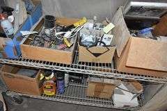 LOT, (2) WIRE RACKS AND (1) WIRE SHELF WITH ASSORTED HARDWARE FOR BUILDING RECLINERS, (1) PALLET, RECLINER PARTS AND (1) PILE OF RECLINER MOTOR ASSEMBLIES AS SHOWN