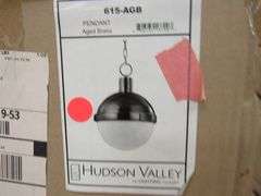 LOT OF (7) BOXES OF ASSORTED HUDSON VALLEY PRODUCTS, (2) PENDANTS #8916PN, (2) WALL SCONCES #H395101-AGB, (1) PENDANT #8615-OR, (1) PENDANT #6518-AGB & (1) PENDANT 615-AGB
