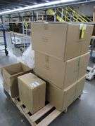 (1) SKID OF (7) BOXES OF VISUAL COMFORT PRODUCTS, (4) ELLIOT LARGE PENDANTS IN MATTE WHITE #SK5353WHT, (1) BASIL LARGE FLUSH MOUNT IN BRASS W/FROST GLASS #AH4015NB-FG & (2) MELANGE PILL FORM SCONCE #KW2012AB-ALB