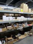 CONTENTS OF SHELF, ASSORTED DIMMABLE LED DRIVERS, BULBS, HARDWARE, LED STRIP BULBS, ETC.