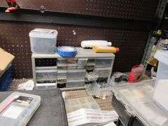 LARGE MISC. LOT OF LIGHTING PARTS, TOOLS, OPEN BOXES, ASSORTED PULL CHAINS, WIRING, ETC.