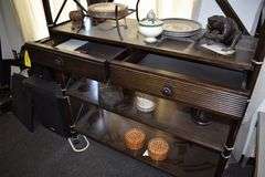 FINE FURNITURE WOOD SHELF WITH 4-GLASS SHELF INSERTS AND 2-DRAWERS - APPROX. 47" X 17" X 91"