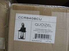 LOT, (7) ASSORTED QUOIZEL PRODUCTS - (1) CCR8408CU, (2) 4-LIGHT PRUS8636BN, (1) 3-LIGHT PRUS8626MBK, (1) PENDANT AND (2) GLASS BOXES
