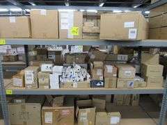 CONTENTS OF SHELF, (1) VISUAL COMFORT SIGNORET 1-LIGHT TASK FLR LAMP #TT1071BBS1, ASSORTED GLASS PARTS, BULBS, HARDWARE, ETC.