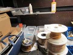 LARGE MISC. LOT OF LIGHTING PARTS, TOOLS, OPEN BOXES, ASSORTED PULL CHAINS, WIRING, ETC.