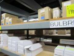 CONTENTS OF SHELF, ASSORTED DIMMABLE LED DRIVERS, BULBS, HARDWARE, LED STRIP BULBS, ETC.