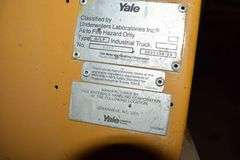 YALE FORKLIFT MDL GTCO50RDNUAE083 S/N 485301 HOUR METER IS UNREADABLE (SEE PHOTO) 190" LIFT HEIGHT, LIFT, TILT, SIDE SHIFT, SOLID TIRES, PROPANE FUELED *STARTS AND RUNS*  (DELAYED PICKUP)