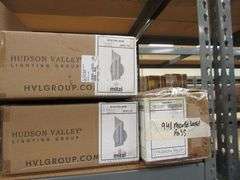 LOT OF APPROX. (8) BOXES OF ASSORTED HUDSON VALLEY PRODUCTS, (2) WALL SCONCES #H16011-AGB, (2) WALL SCONCES #960-AGB, (1) BATH BRACKET $9204-AGB, (1) PENDANT $9613-GL/BLK, (1) WALL SCONCE #1201-ABG & (1) LABRA #9603-WP