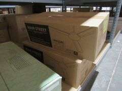 LOT OF (7) BOXES OF (1) OXYGEN 60" AGED BRASS DAMP FAN W/(4) BLADES ABS BLADES, (1) QUORUM 80" MATTE BRASS DAMP LISTED FAN W/(5) WHITE ABS BLADES, (1) QUORUM 52" STUDIO CEILING FAN W/(5) WHITE BLADES, (2) MAIN STREET 52" MATTE BLACK FANS W/(3) MATTE BLACK ABS BLADES, (1) 52" WET LISTED MATTE BLACK FAN W/(5) MATTE BACK ABS BLADES, (1) MAIN STREET 52"CEILING FAN W/(5) STUDIO WHITE BLADES AND 4-LIGHT SATIN OPAL LIGHT KIT