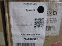 LOT, (7) ASSORTED QUOIZEL PRODUCTS - (1) CCR8408CU, (2) 4-LIGHT PRUS8636BN, (1) 3-LIGHT PRUS8626MBK, (1) PENDANT AND (2) GLASS BOXES