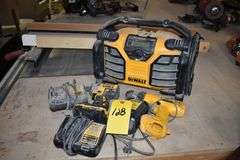 (2) CORDLESS DEWALT DRILLS, (1) DCR015 AC/DC RADIO, (3) CHARGERS AND (1) BATTERY