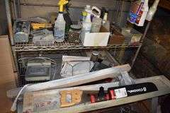 PORTABLE WIRE RACK WITH ASSORTED CONTENTS INCLUDING HARDWARE, CLEANERS AND MORE AS SHOWN