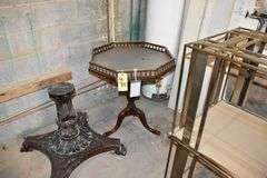 ASSORTED LOT AS SHOWN INCLUDING (1) PADDED STOOL, (2) SIDE TABLES *NO GLASS TOPS*, (1) OCTAGON SIDE TABLE AND (1) TABLE BASE