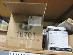 LOT OF APPROX. (28) MISC. BOXES, LUMIVERT 6" LED DISK, VERILITE LED FLUSH 7" SURFACE WRAP AROUND LED 2', 7" LED VERSI LITE, HOMENHANCE FLOOD 226-BK LOW/LED 3000K, ELONGATED SCONCES, (1) LIGHT MATTE BLACK OUTDOOR, FAN LIGHT KIT MDL. K9886L, LED PUCK LIGHT, LED CONSTANT VOLTAGE DRIVER, ETC.