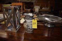 (3) DÉCOR PIECES AS SHOWN INCLUDING LANTERN, PORCELAIN VASE AND DISH WITH BASE