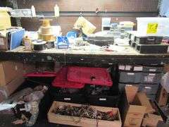 LARGE MISC. LOT OF LIGHTING PARTS, TOOLS, OPEN BOXES, ASSORTED PULL CHAINS, WIRING, ETC.