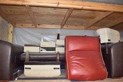 (2) WOOD SHELVES WITH CONTENTS INCLUDING FURNITURE AND FOAM PIECES - APPROX. 96" X 45" X 96" EACH