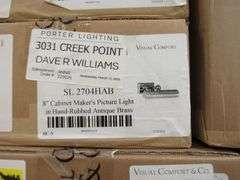 LOT OF APPROX. (5) VISUAL COMFORT 24" CABINET MAKER'S PICTURE LIGHT #SL2706HAB, (1) PETREL 30" PICTURE LIGHT #S2723HAB, (2) 8" CABINET MAKER'S PICTURE LIGHT #SL2704HAB, (AH4015PN-FG, (1) DOVER ) BASIL LARGE FLUSH MOUNT LIGHT #AH4015PN-FG, (1) DOVER TAIL SCONCE #ARN2302G-L, REPLACEMENT GLASS & CHAINS