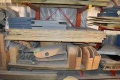 CONTENTS OF (2) SETS OF CANTILEVER RAKS *MOSTLY PLYWOOD WITH APPROX.  (15) GOOD 4' X 8' SHEETS AND APPROX. (45) SHEETS OF USED PLYWOOD, FURNITURE PARTS, A/C BLOWERS AND MORE AS SHOWN