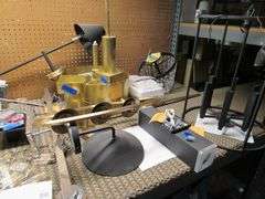 LARGE MISC. LOT OF LIGHTING PARTS, TOOLS, OPEN BOXES, ASSORTED PULL CHAINS, WIRING, ETC.