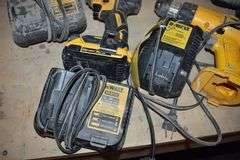(2) CORDLESS DEWALT DRILLS, (1) DCR015 AC/DC RADIO, (3) CHARGERS AND (1) BATTERY