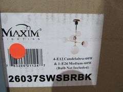LOT OF (5) BOXES, (1) MAXIM 4-E12 CANDELABRA, (1) 478-7BRZ-OBR CANDELABRA, (2) 820P24-GLASS FLUSH MOUNT, (1) 1947-38-MGLD MODERN GOLD CANDELABRA